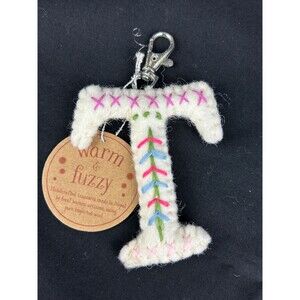 Purse FOB Charm Wool Initial Letter "T" Clip Embroidered Needlepoint Keychain